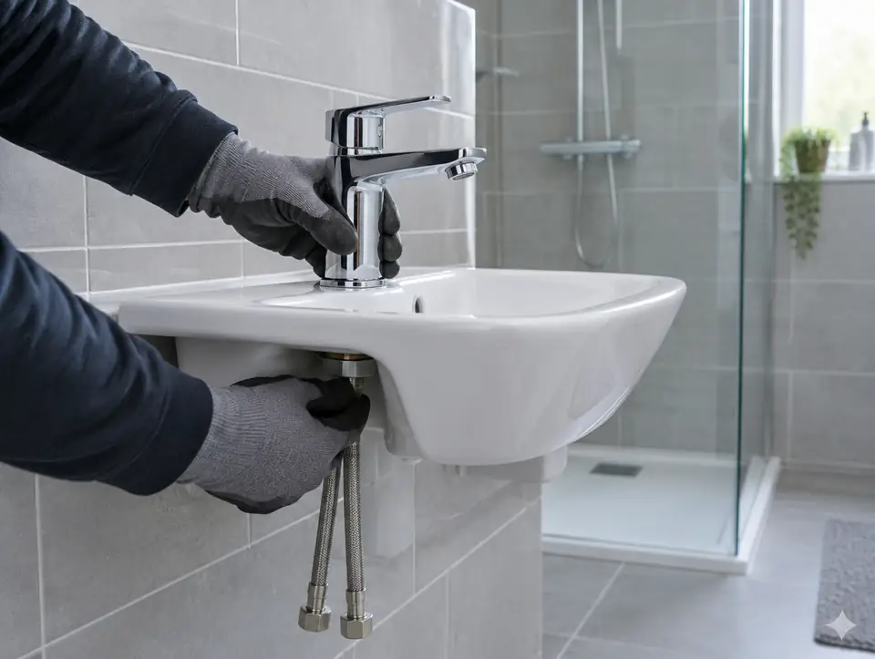 Gloved hands fitting a mixer tap to a new basin in a tiled bathroom
