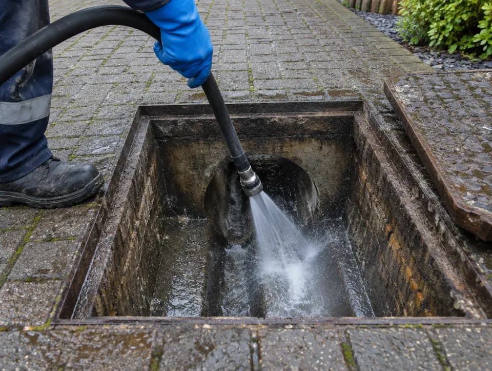 A jetting hose flushing a drain channel through an open manhole