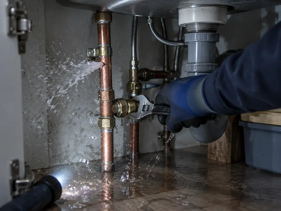 A split copper pipe spraying water under a sink while a gloved hand closes the valve